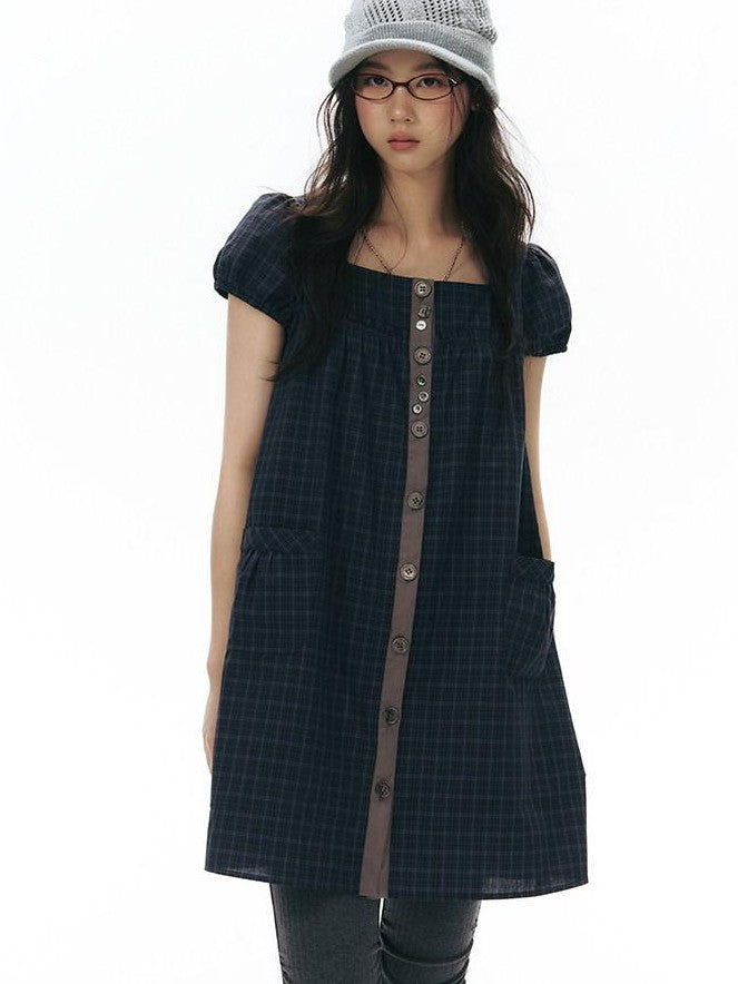 NAPSNAPS Navy Plaid Button Puff Sleeve Women&
