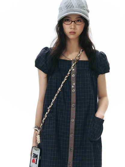 NAPSNAPS Navy Plaid Button Puff Sleeve Women&