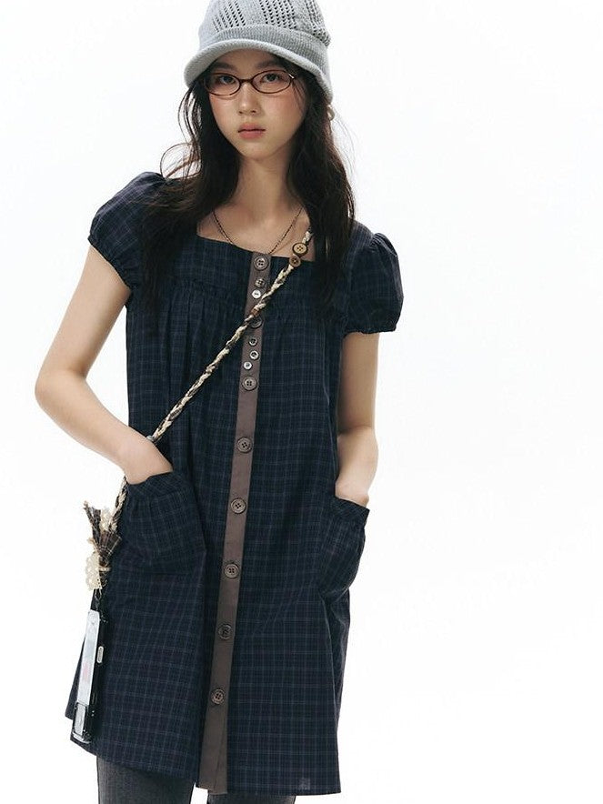 NAPSNAPS Navy Plaid Button Puff Sleeve Women&
