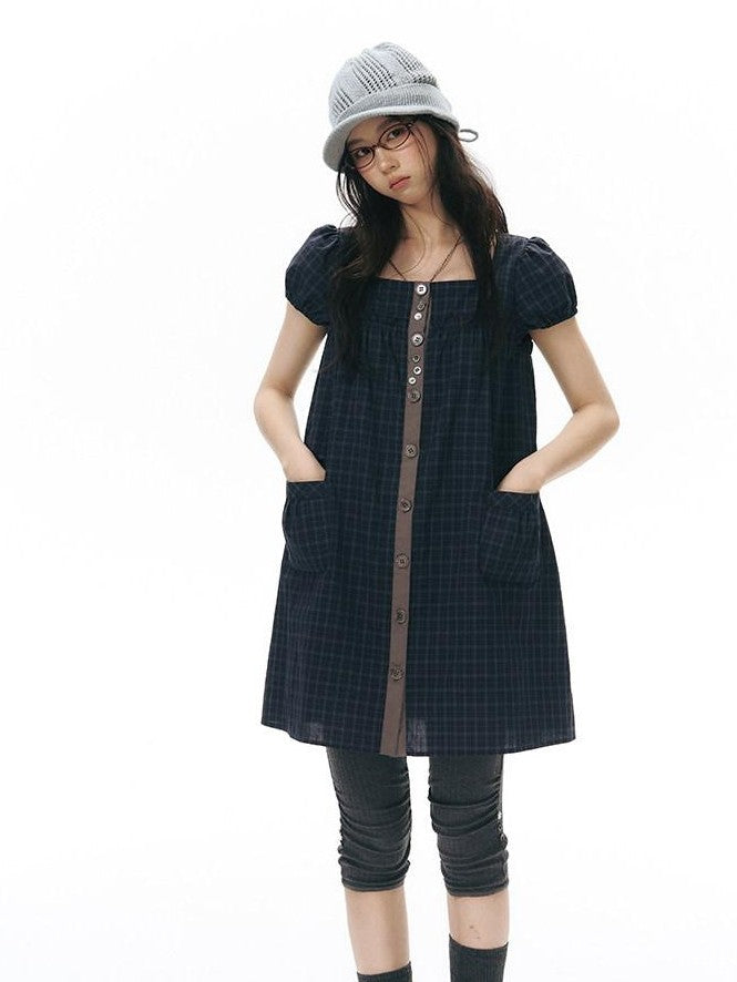 NAPSNAPS Navy Plaid Button Puff Sleeve Women&