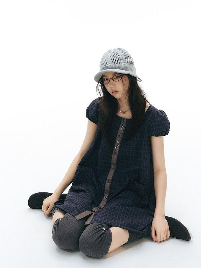 NAPSNAPS Navy Plaid Button Puff Sleeve Women&