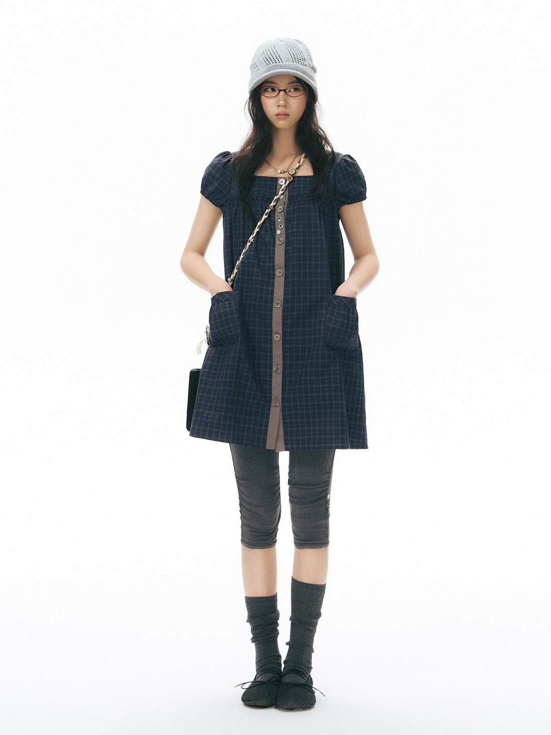 NAPSNAPS Navy Plaid Button Puff Sleeve Women&