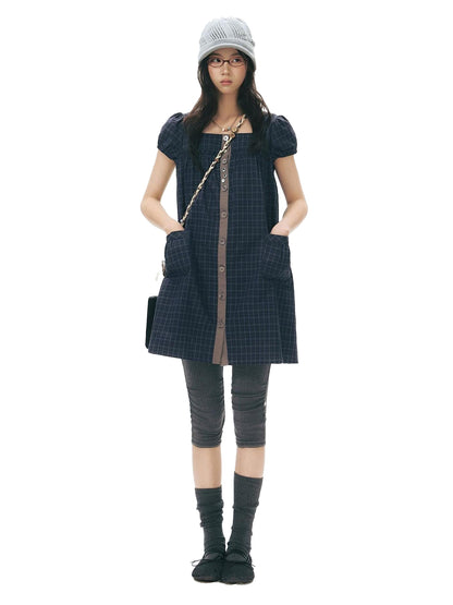 NAPSNAPS Navy Plaid Button Puff Sleeve Women&