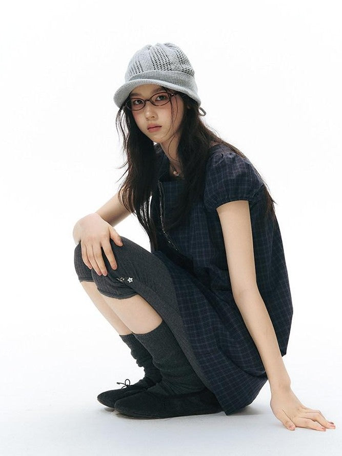 NAPSNAPS Navy Plaid Button Puff Sleeve Women&