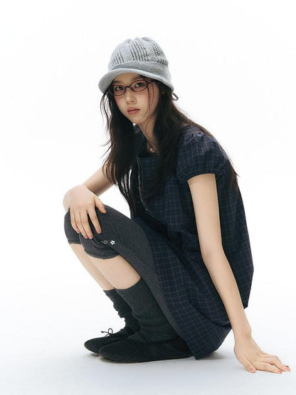 NAPSNAPS Navy Plaid Button Puff Sleeve Women&