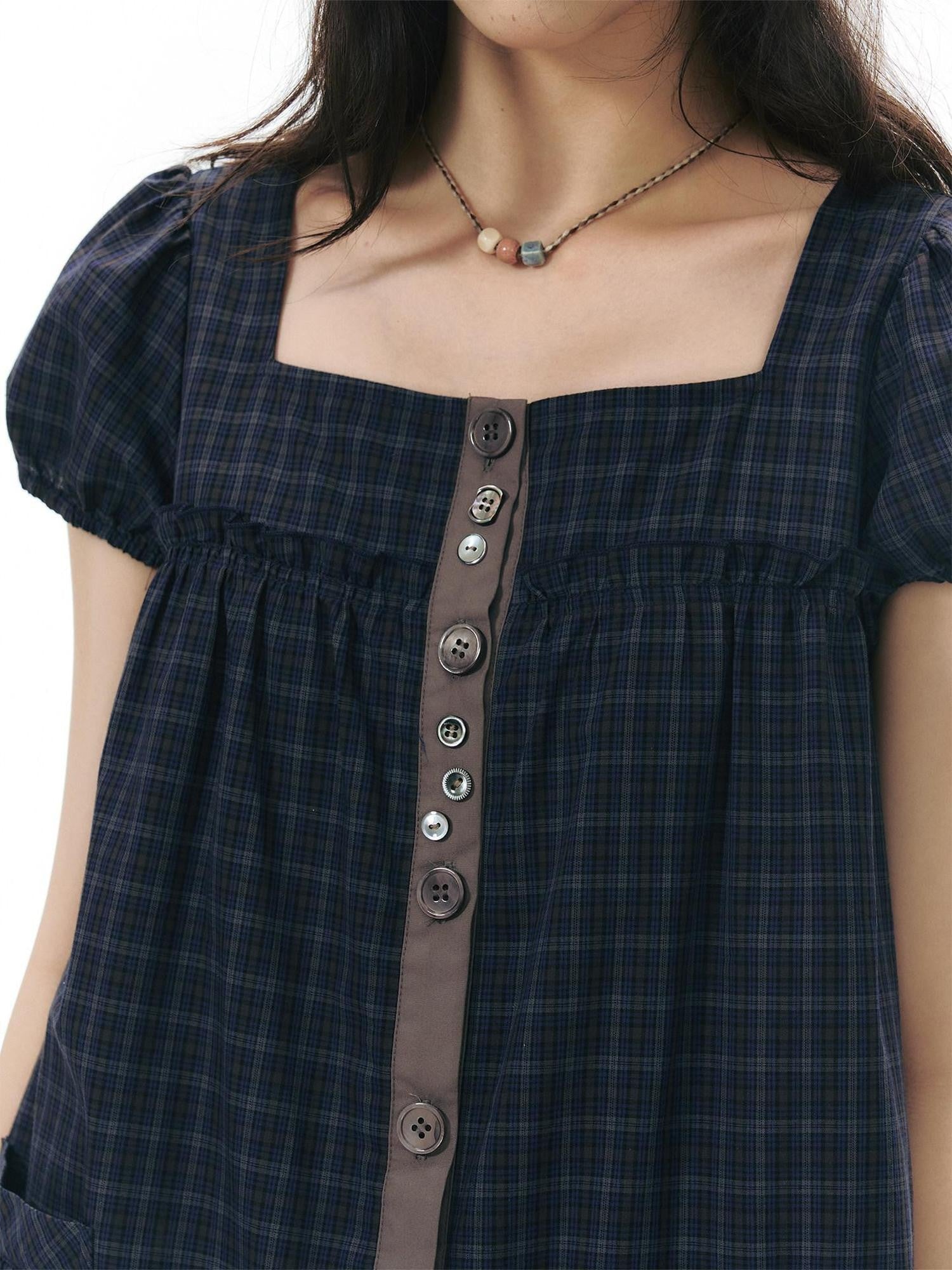 NAPSNAPS Navy Plaid Button Puff Sleeve Women&