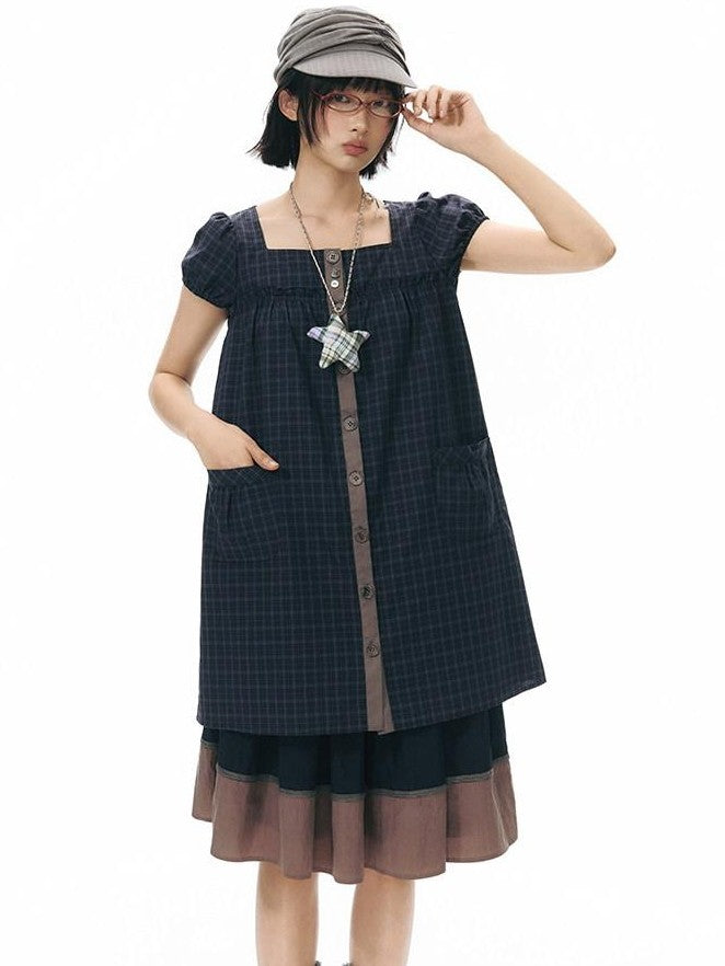NAPSNAPS Navy Plaid Button Puff Sleeve Women&