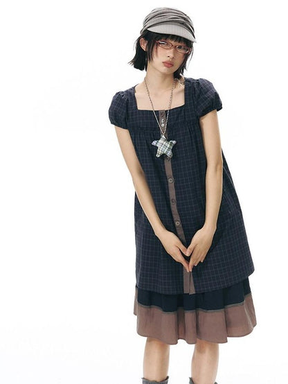 NAPSNAPS Navy Plaid Button Puff Sleeve Women&