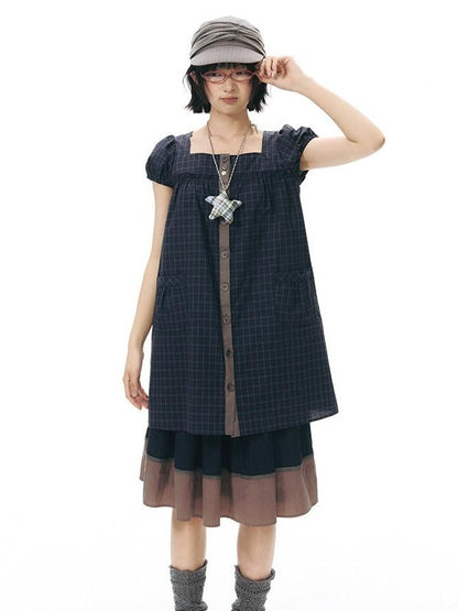 NAPSNAPS Navy Plaid Button Puff Sleeve Women&