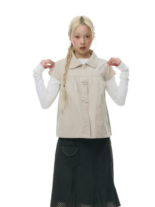 NAPSNAPS Navy Plaid Doll Collar Flutter Sleeves Button Women&
