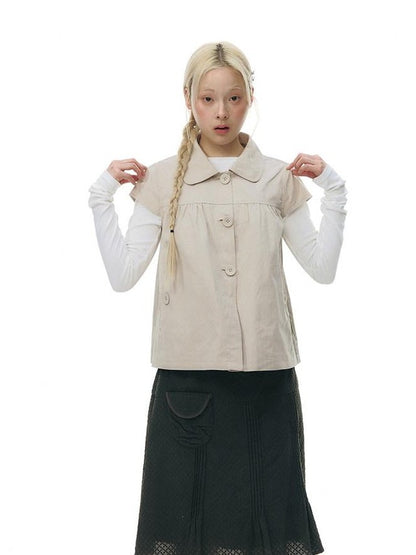 NAPSNAPS Navy Plaid Doll Collar Flutter Sleeves Button Women&