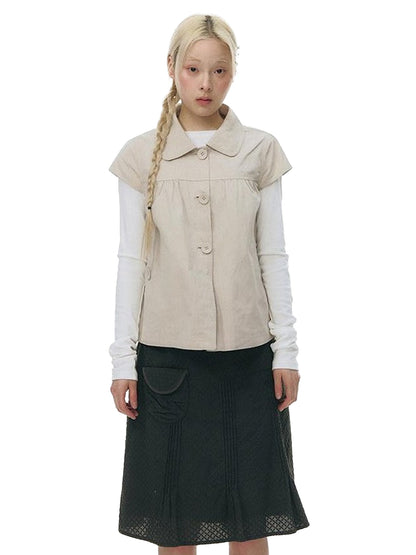NAPSNAPS Navy Plaid Doll Collar Flutter Sleeves Button Women&