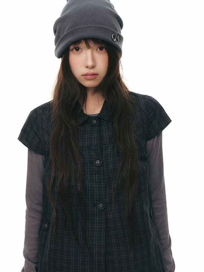 NAPSNAPS Navy Plaid Doll Collar Flutter Sleeves Button Women&