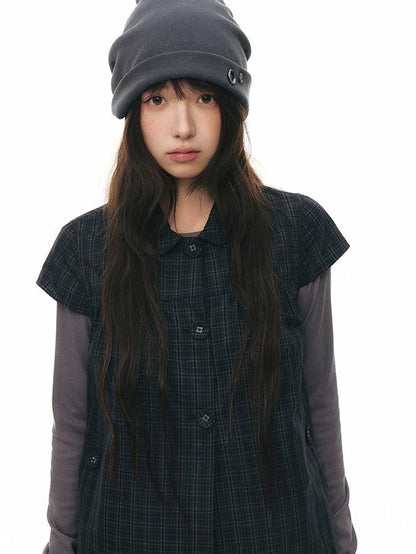 NAPSNAPS Navy Plaid Doll Collar Flutter Sleeves Button Women&