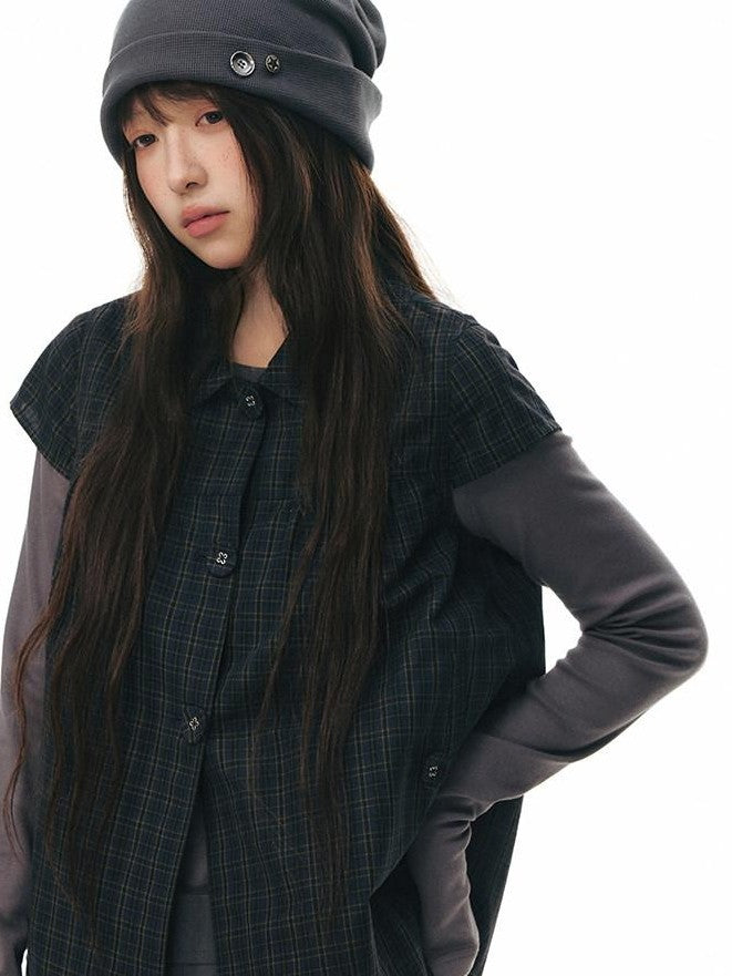 NAPSNAPS Navy Plaid Doll Collar Flutter Sleeves Button Women&