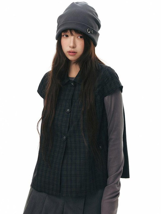 NAPSNAPS Navy Plaid Doll Collar Flutter Sleeves Button Women&