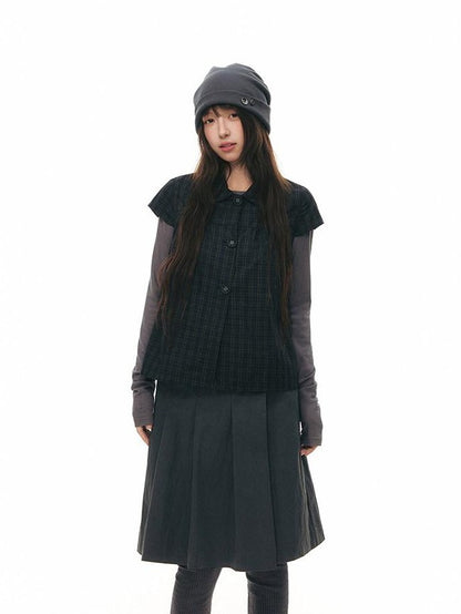 NAPSNAPS Navy Plaid Doll Collar Flutter Sleeves Button Women&