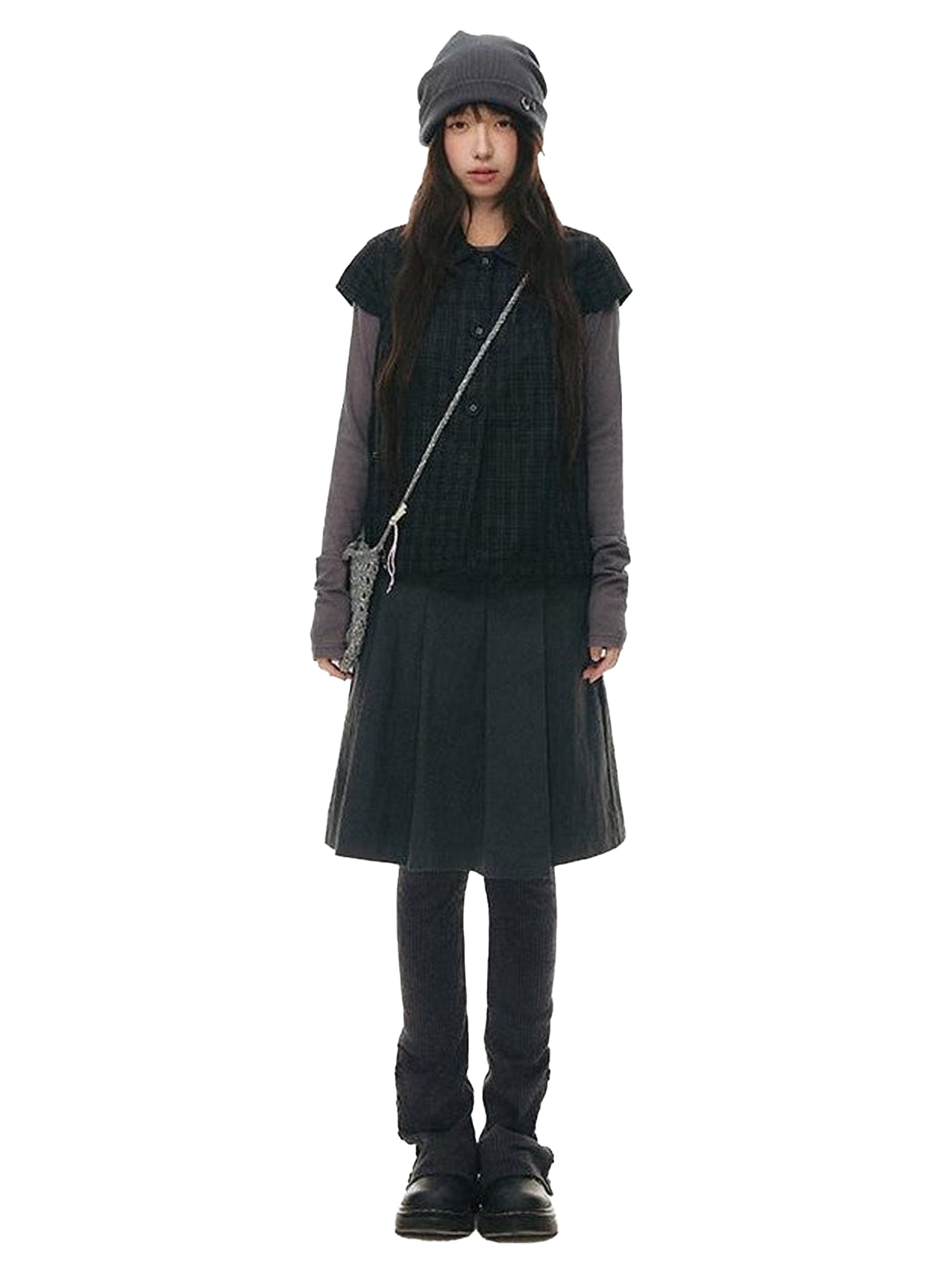 NAPSNAPS Navy Plaid Doll Collar Flutter Sleeves Button Women&