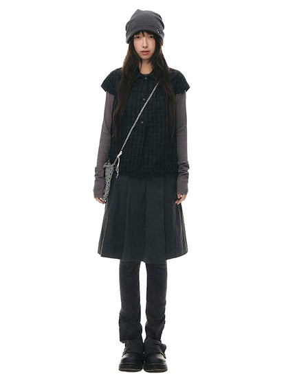 NAPSNAPS Navy Plaid Doll Collar Flutter Sleeves Button Women&
