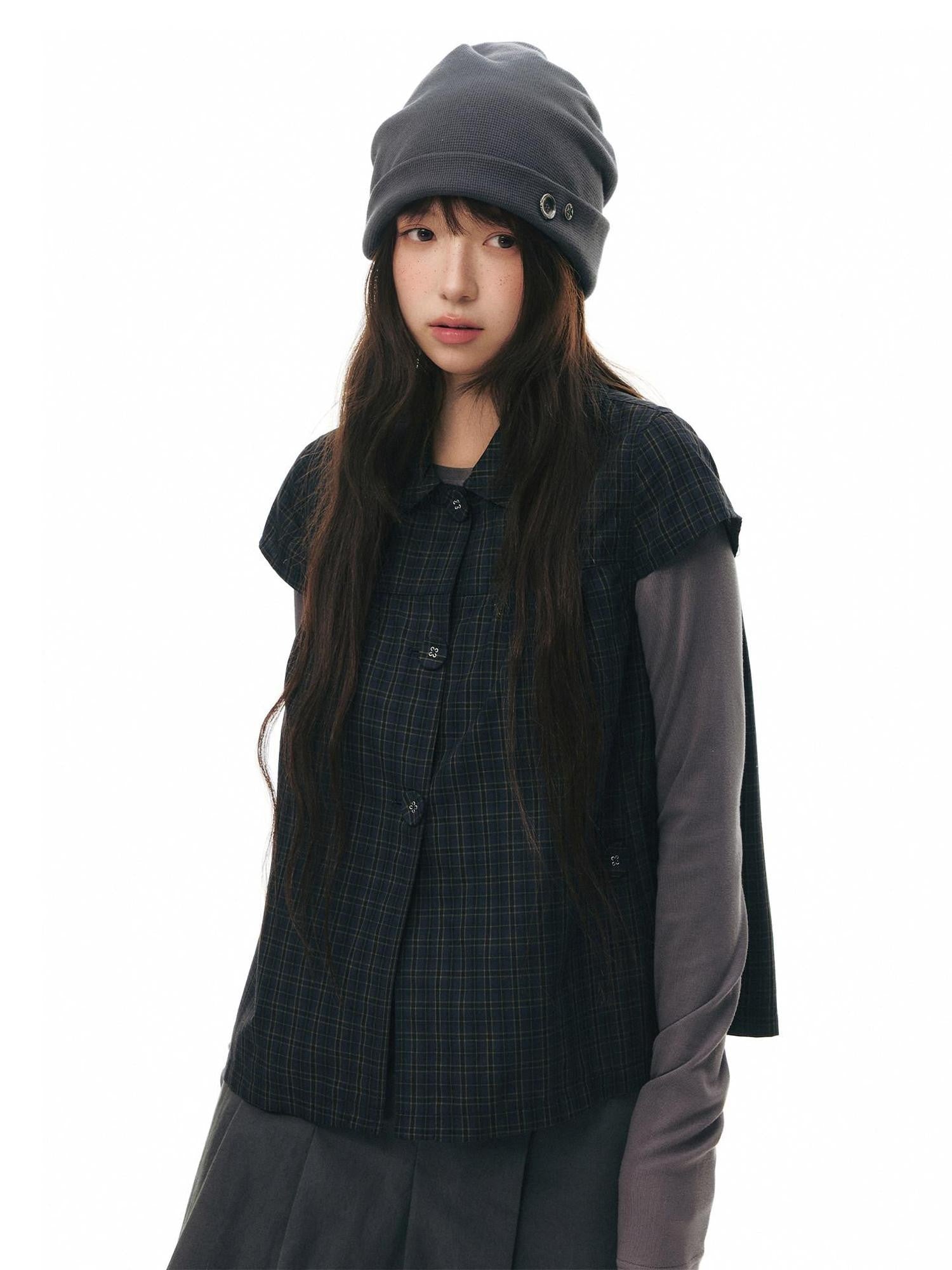 NAPSNAPS Navy Plaid Doll Collar Flutter Sleeves Button Women&