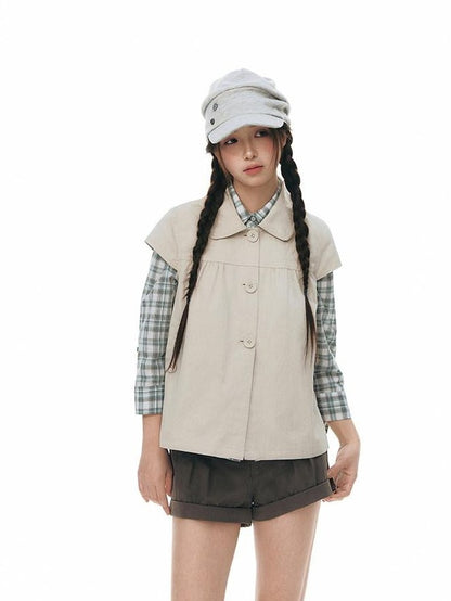NAPSNAPS Navy Plaid Doll Collar Flutter Sleeves Button Women&