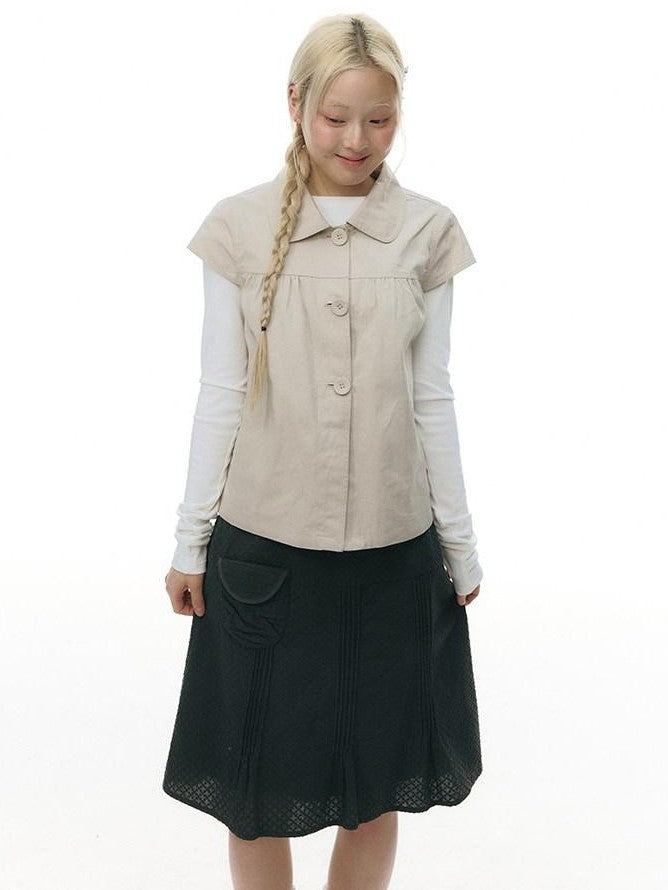 NAPSNAPS Navy Plaid Doll Collar Flutter Sleeves Button Women&