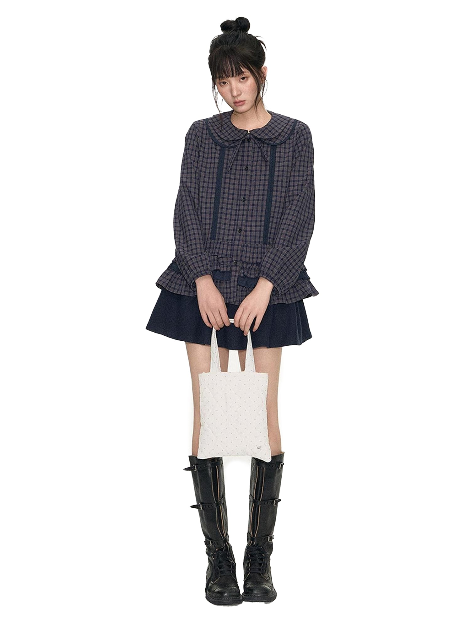 NAPSNAPS Navy Plaid Lace Trim Detachable Layered Doll Collar Women&