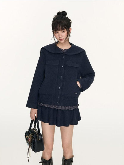 NAPSNAPS Navy Plaid Lace Trim Detachable Layered Doll Collar Women&