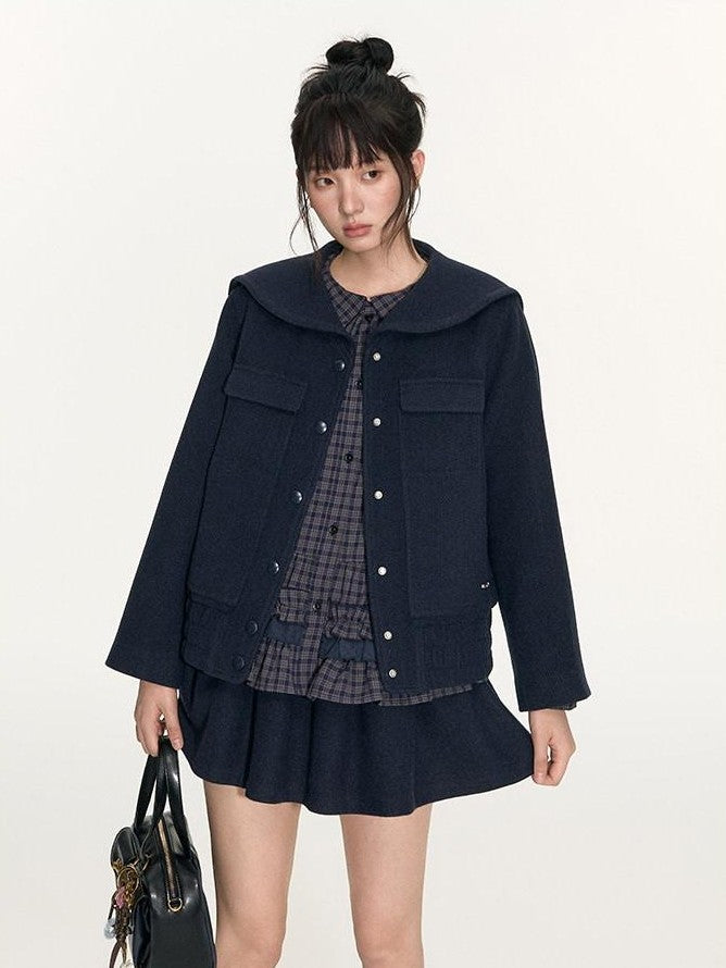 NAPSNAPS Navy Plaid Lace Trim Detachable Layered Doll Collar Women&