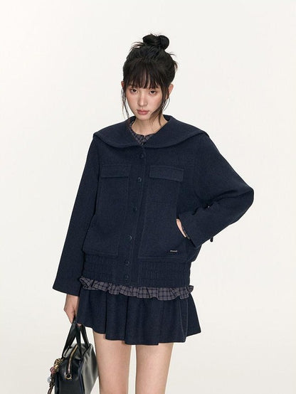 NAPSNAPS Navy Plaid Lace Trim Detachable Layered Doll Collar Women&