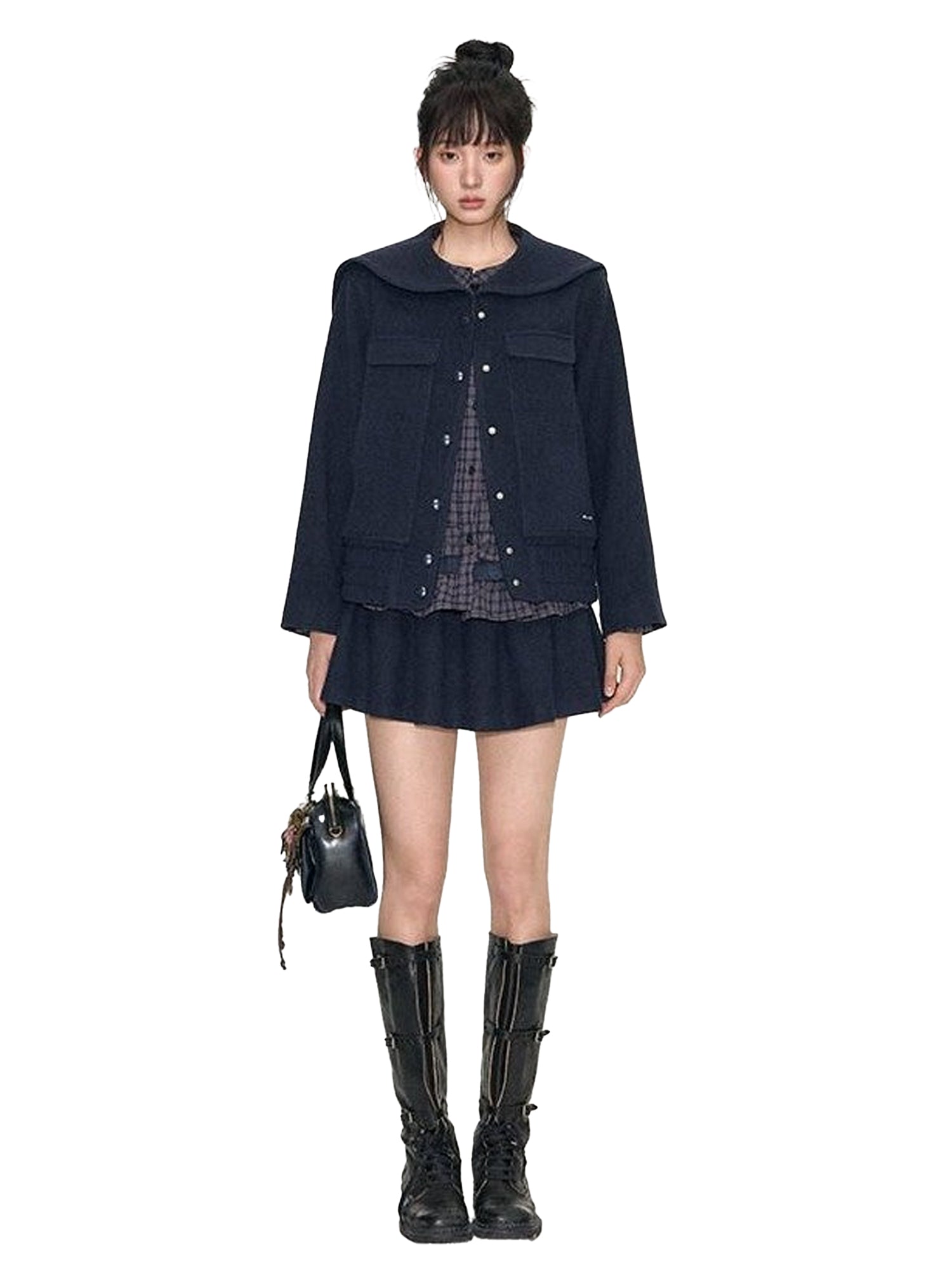 NAPSNAPS Navy Plaid Lace Trim Detachable Layered Doll Collar Women&