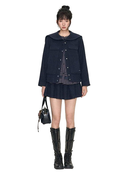 NAPSNAPS Navy Plaid Lace Trim Detachable Layered Doll Collar Women&