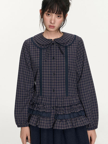 NAPSNAPS Navy Plaid Lace Trim Detachable Layered Doll Collar Women&