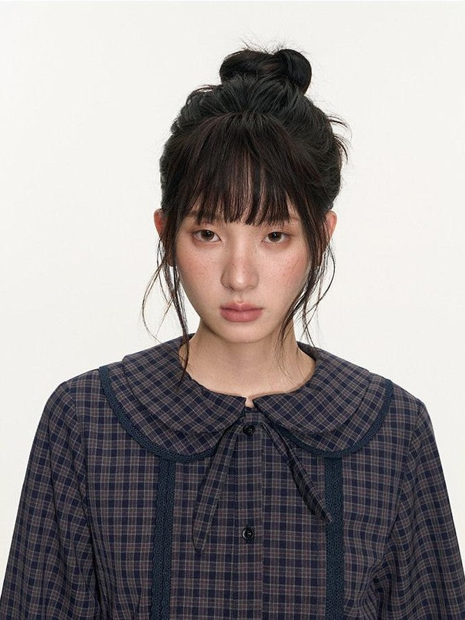 NAPSNAPS Navy Plaid Lace Trim Detachable Layered Doll Collar Women&