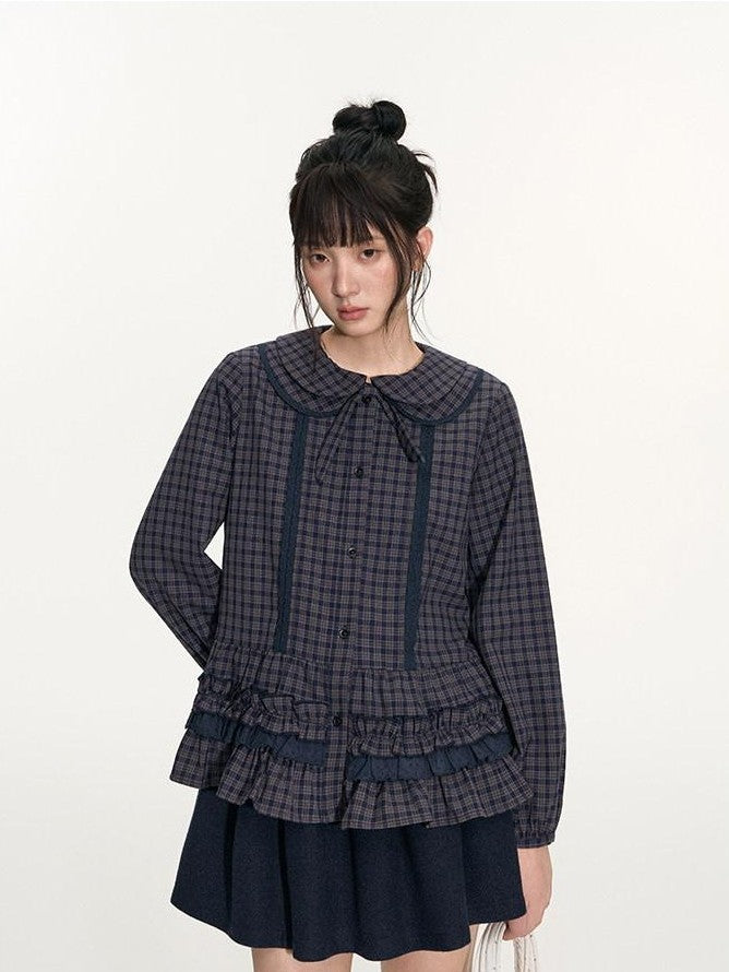 NAPSNAPS Navy Plaid Lace Trim Detachable Layered Doll Collar Women&