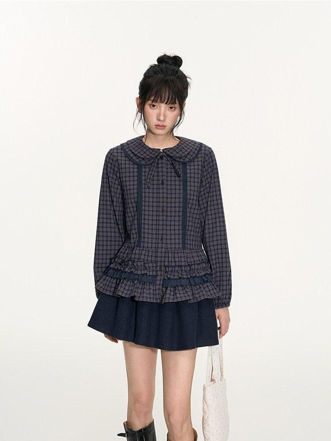 NAPSNAPS Navy Plaid Lace Trim Detachable Layered Doll Collar Women&
