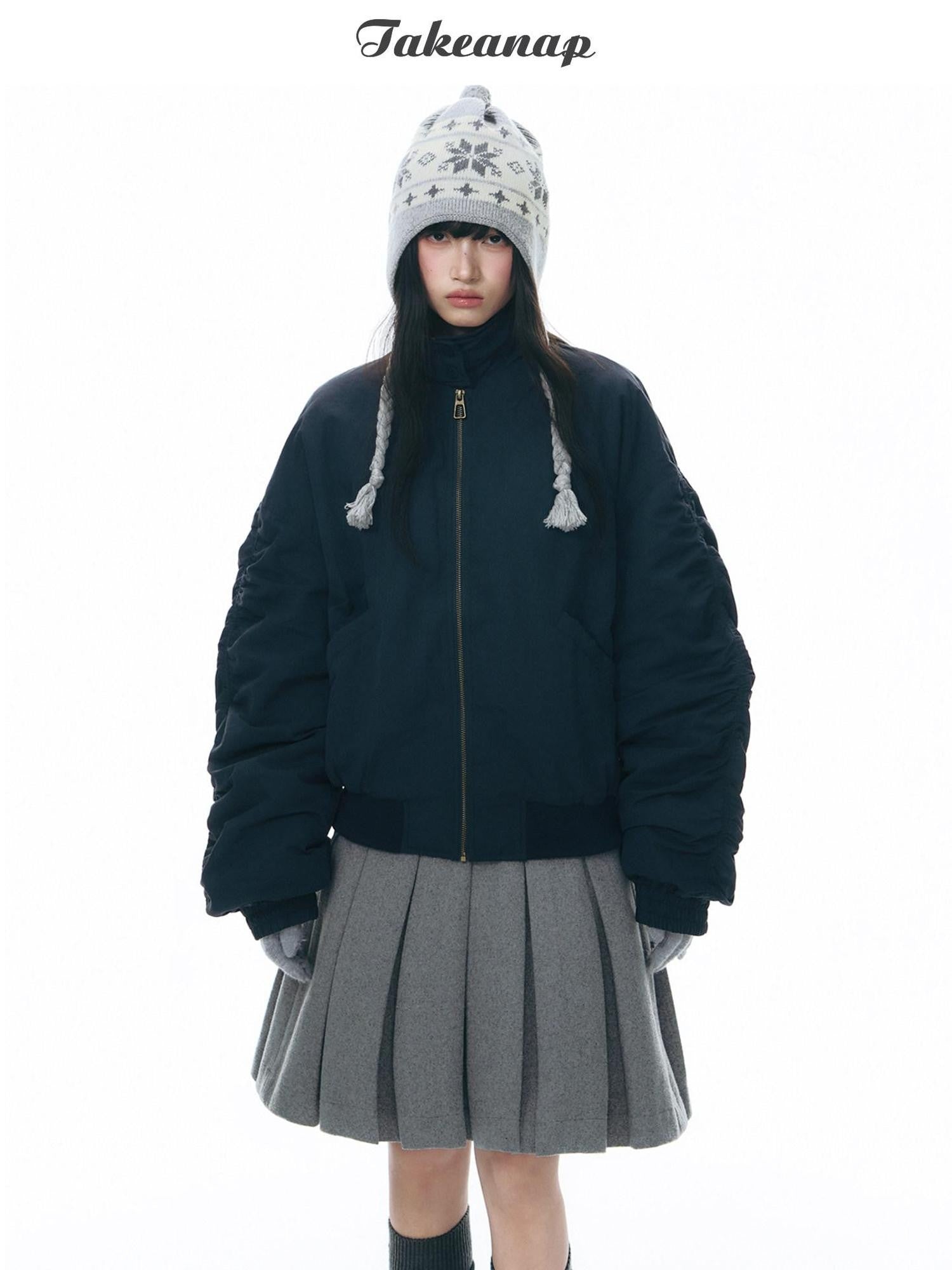 NAPSNAPS Navy Pleated Stand Collar Women&