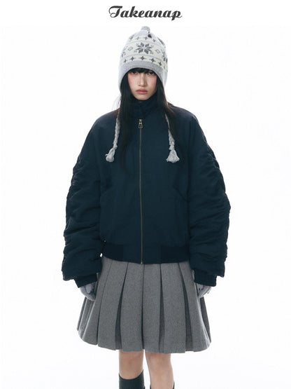 NAPSNAPS Navy Pleated Stand Collar Women&