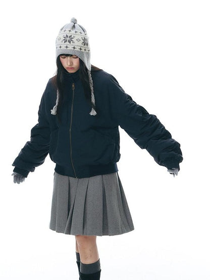NAPSNAPS Navy Pleated Stand Collar Women&