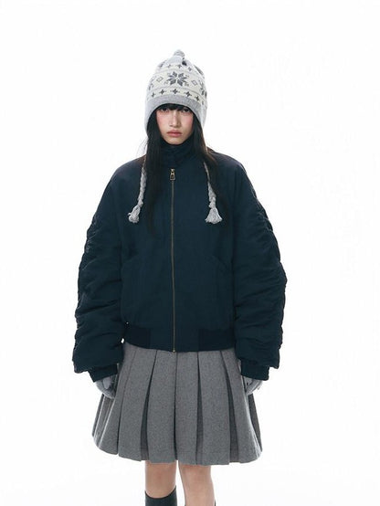 NAPSNAPS Navy Pleated Stand Collar Women&