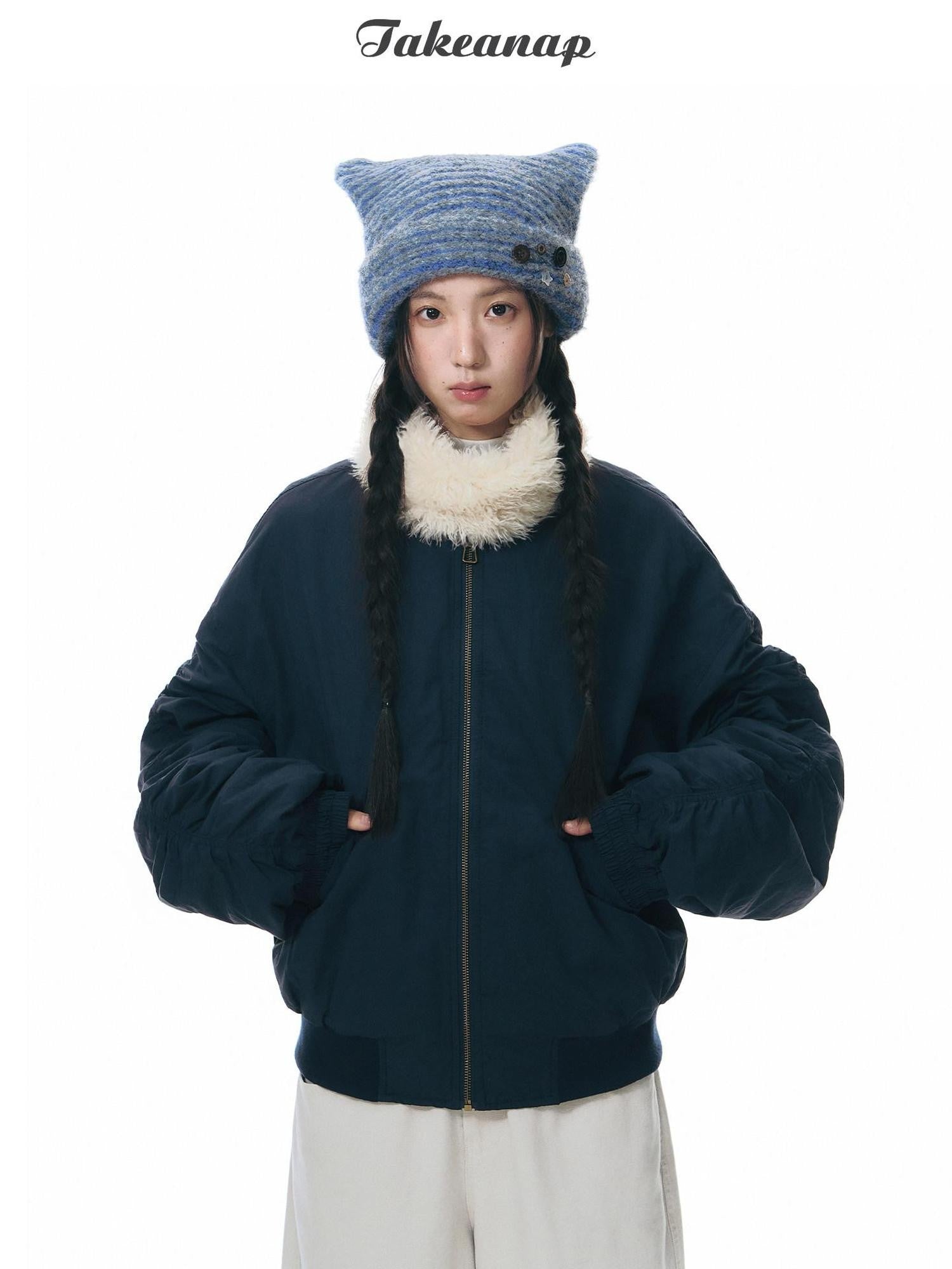 NAPSNAPS Navy Pleated Stand Collar Women&