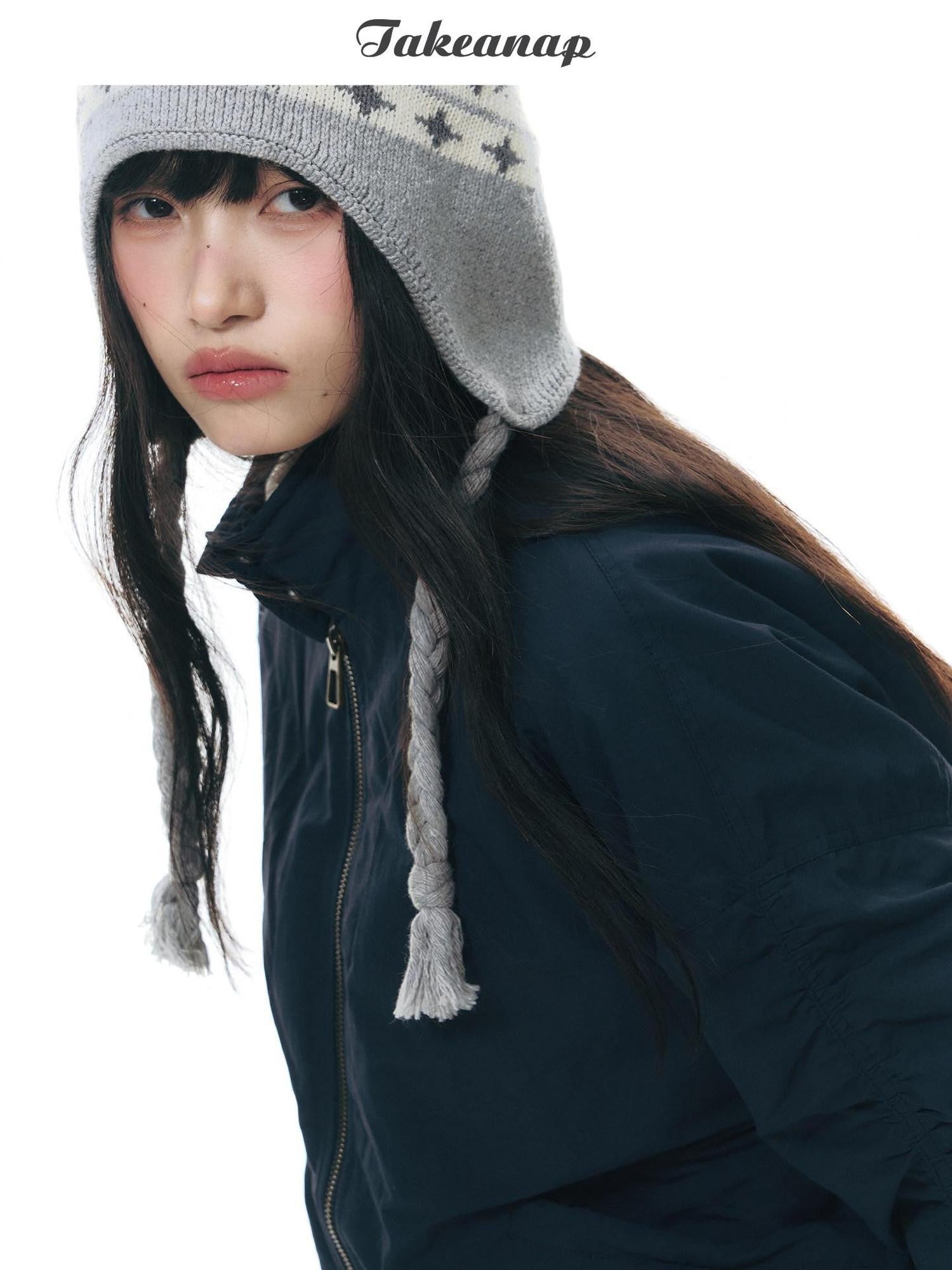 NAPSNAPS Navy Pleated Stand Collar Women&