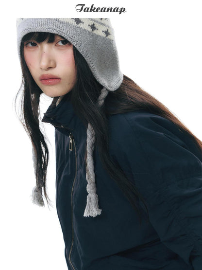 NAPSNAPS Navy Pleated Stand Collar Women&