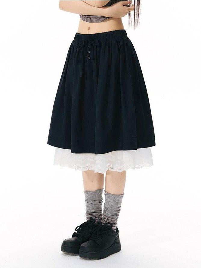 Navy Reversible Lace Trim High Waist A Line Women&