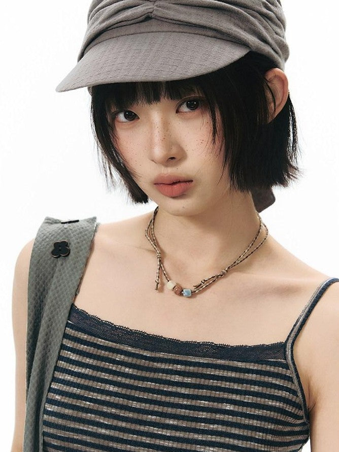 NAPSNAPS Navy Stripe Square Neck Embroidered Slim Women&