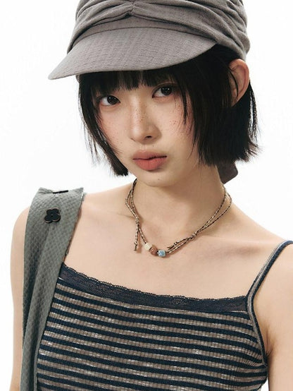 NAPSNAPS Navy Stripe Square Neck Embroidered Slim Women&