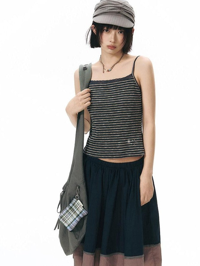 NAPSNAPS Navy Stripe Square Neck Embroidered Slim Women&