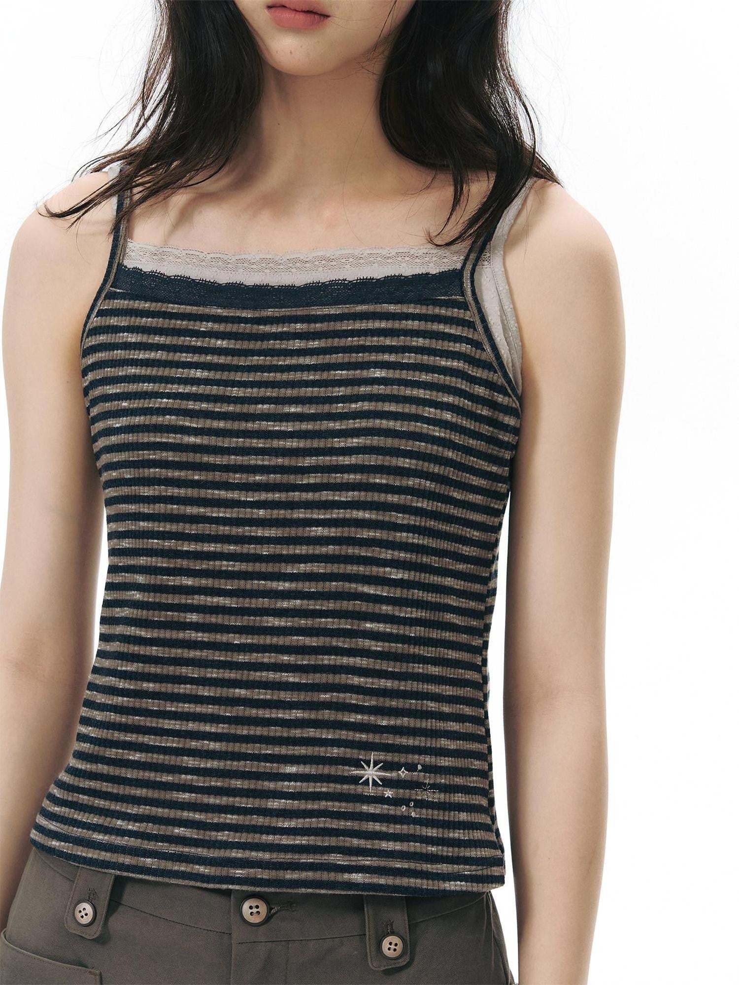 NAPSNAPS Navy Stripe Square Neck Embroidered Slim Women&