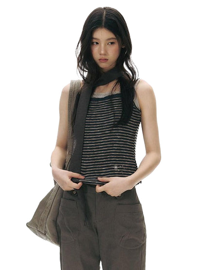 NAPSNAPS Navy Stripe Square Neck Embroidered Slim Women&