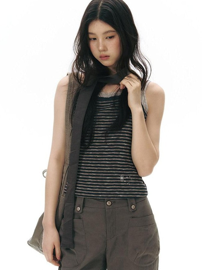 NAPSNAPS Navy Stripe Square Neck Embroidered Slim Women&